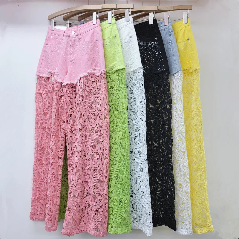 WTHT Fashion Womens Diamonds Patchwork Lace Casual Jeans Winter Trendy High Waist Straight Denim Pants Female 1LS479 251029