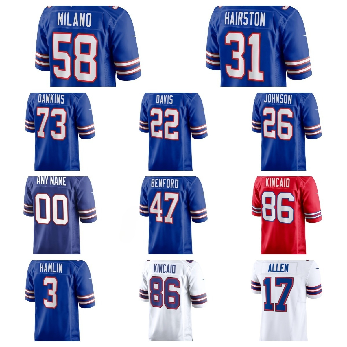 NFL Bills Josh Allen Khalil Shakir Dion Dawkins Keon Coleman James Cook Joey Bosa Matt Milano Dalton Kincaid Dawson Knox Stefon Diggs Custom Football Jersey
