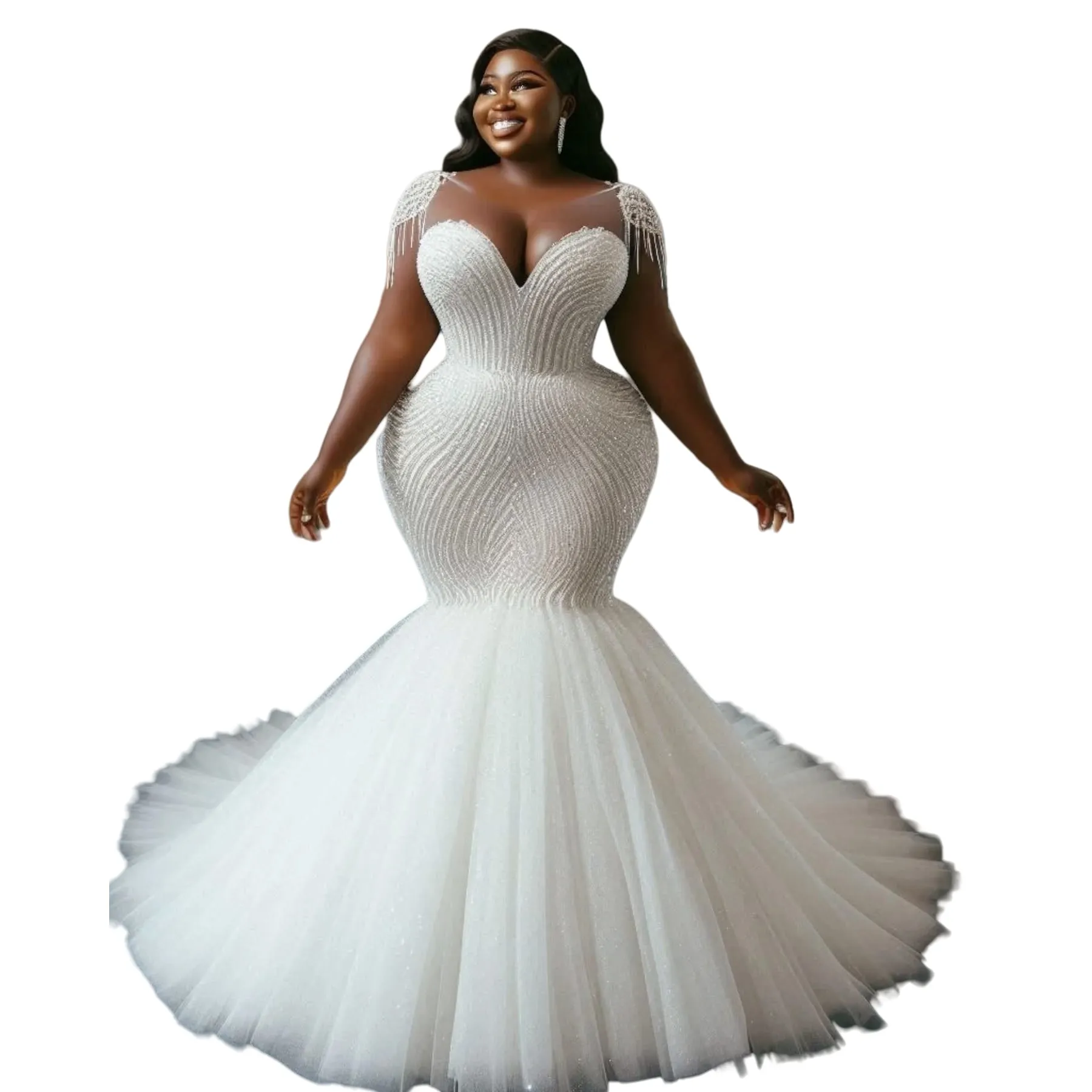 Ivory Wedding Dress Plus Size Cap Sleeves Beaded Sequined Tulle Bridal Gowns Dresses