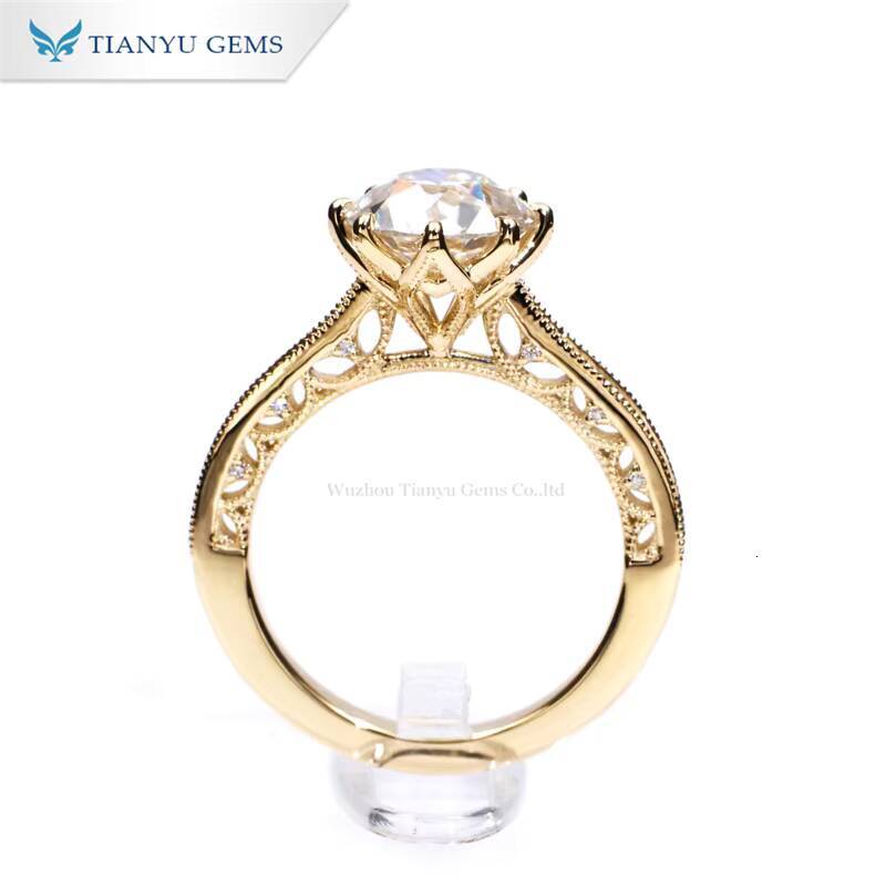 Tianyu Wedding Round Shape D VVS Moissanite OEC 9MM 10K 14K 18K Yellow Gold Milgrain Engagement Rings for Gifts Presents