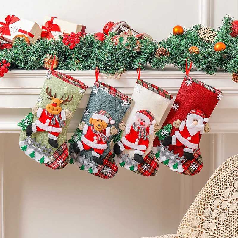 30CM Linen Christmas Gift Stockings 3D Santa Claus Elk Knitted Hanging Decorative Stocking Candy Bag for Christmas Party C251030