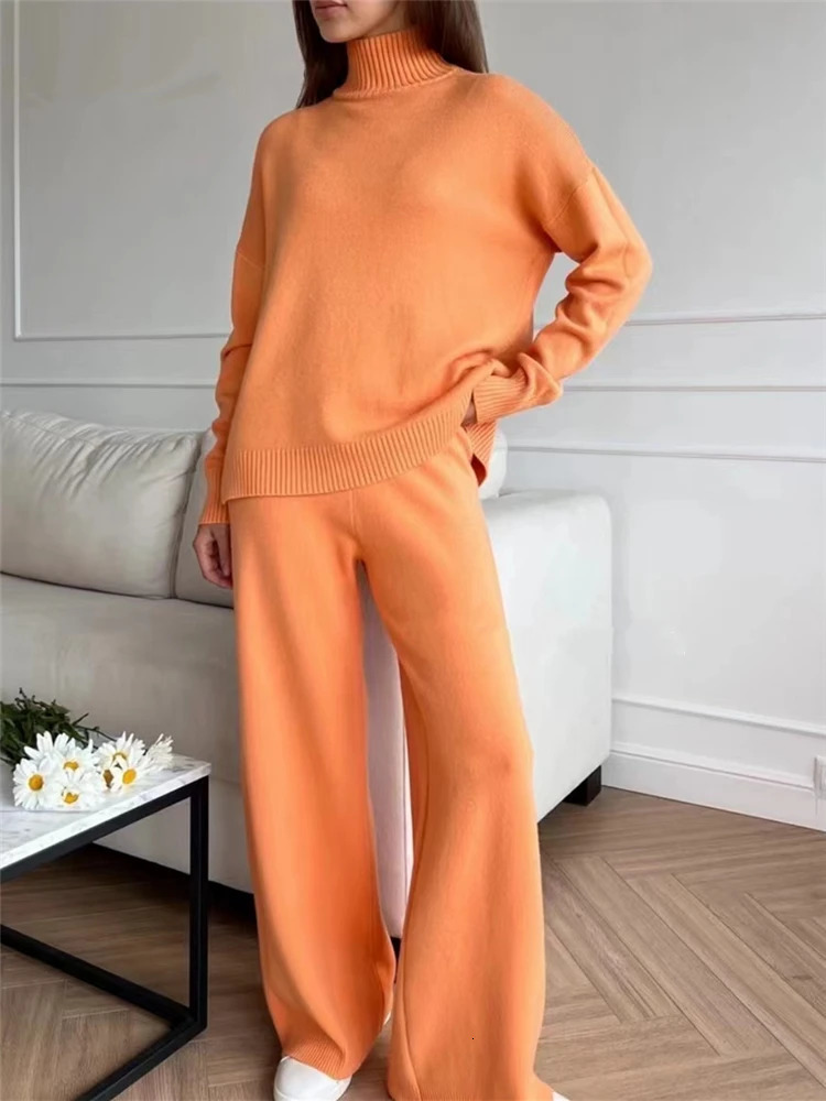 Autumn Winter 2 Pieces Women Sets Knitted Tracksuit Turtleneck Sweater and Straight Jogging Pants Suits 251028