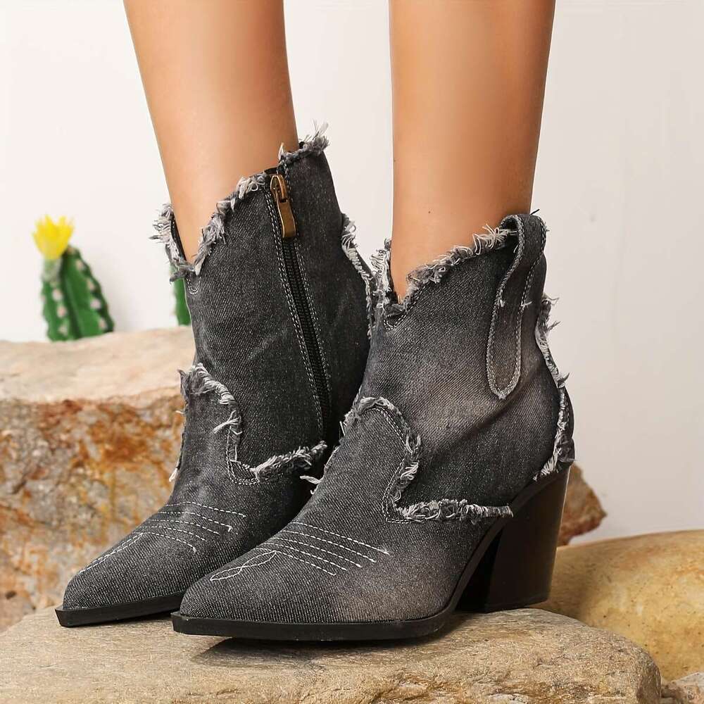 2025 New Fashion Block Heel Pointed Toe Ankle Boots, Vintage Western, Ultrahigh Heel, Solid Color, Fabric Upper, Synthetic Insole, Rubber Sole, Zipper