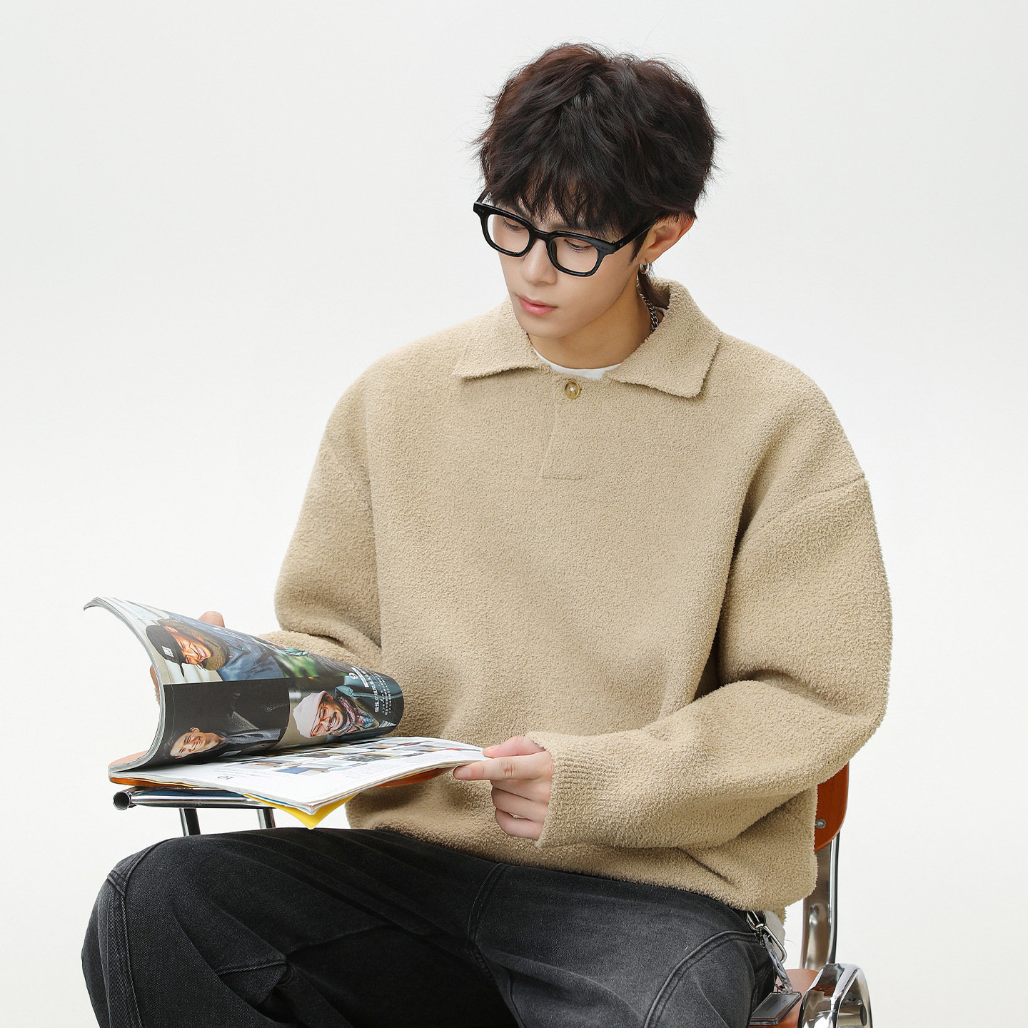 Texture Seagull Collar Sweater For Men Designer Sweater Autumn And Winter New Thickened Warm Half-fleece Turn-down Collar Knitted Top Jacket