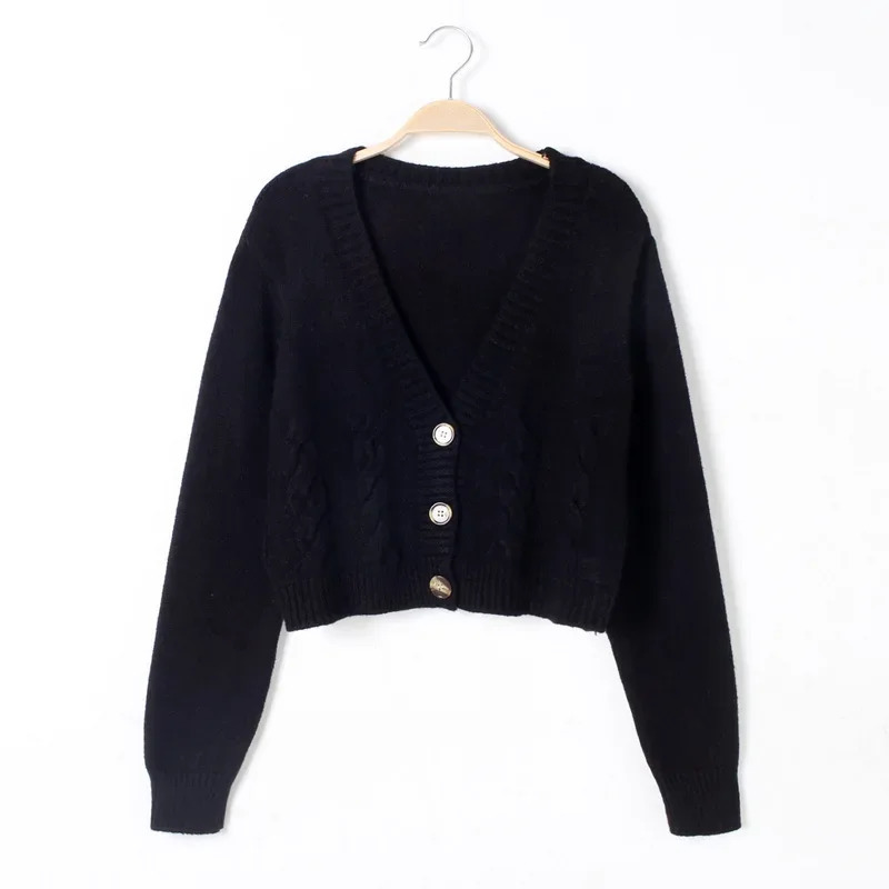 Korean Fashion Cardigan V Neck Cropped Women Long Sleeve Twist Knitted Sweater Coats Autumn Winter Keep Warm 251028