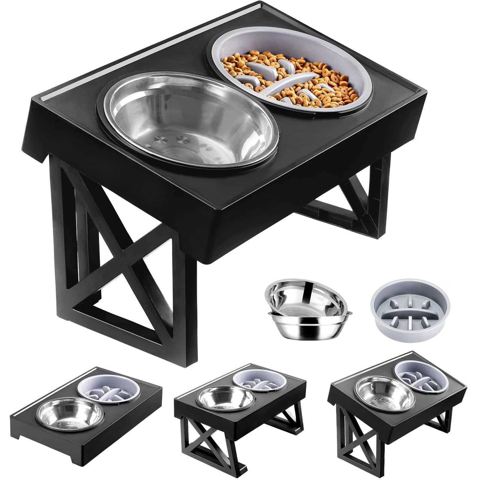 Elevated Dog Bowls 3 Adjustable Heights Raised Pet Stand with Slow Feeder Stainless Steel Food Bowls for Small Medium Large Dogs J251113