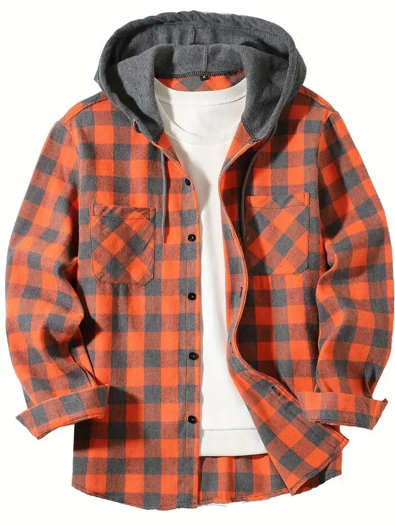 Fashion Streetwear Hooded Pocket Plaid Shirts Mens Slim Fit Long Sleeved Youth Flannel Shirt Casual Men Sports Jacket 251029