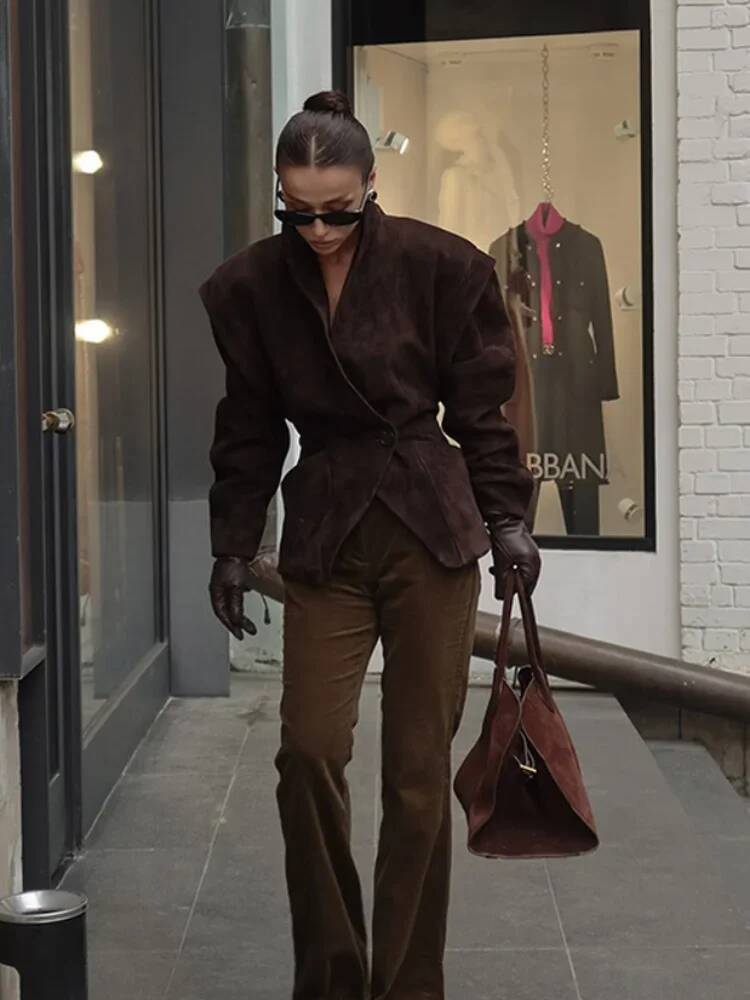 winter jacket women Vintage Oversized Suede Leather Jacket Women's Fashion Shoulder Pad Full Sleeve One Button Coat Lady Chic Bomber Streetwear 2