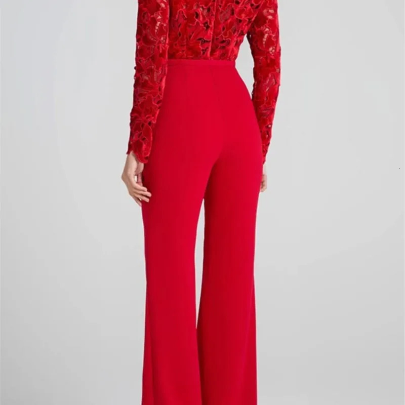 Embroidery Lace Red Jumpsuits Women Sexy Slim Longsleeved Belt High Waist Jumpsuit Female 2025 Casual Lady Party Rompers 251029