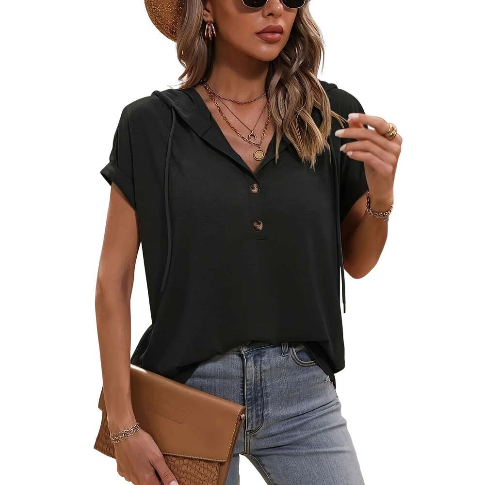 Pcs Women S Spring Summer Hooded Lightweight Breathable Solid Color V Neck Button Up Short Sleeve T Shirts With Drawstring Waist Polyester Hine Washab