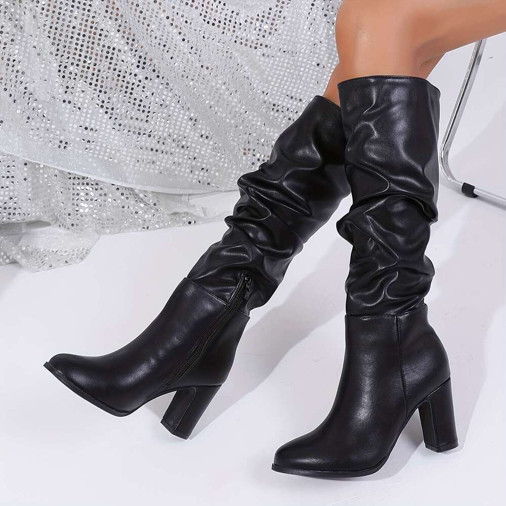 Women's Black Ruched Chunky Ankle Boots - Slip-On Faux Cover Dress Shoes With Fabric Lining Rubber Sole, All-Season Versatile For Casual & Outfit