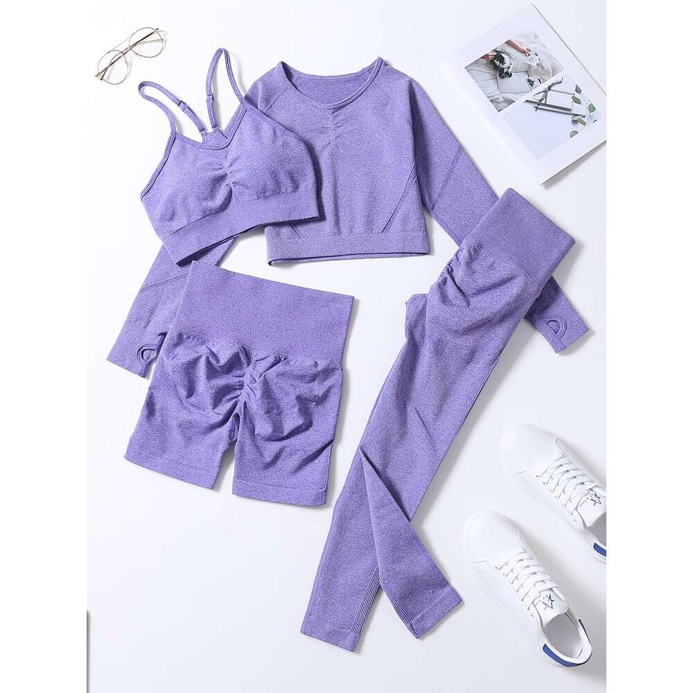 Smiling Face Style Workout Outfits for Women 4pcs Ribbed Seamless Crop Tank High Waist Yoga Leggings Sets