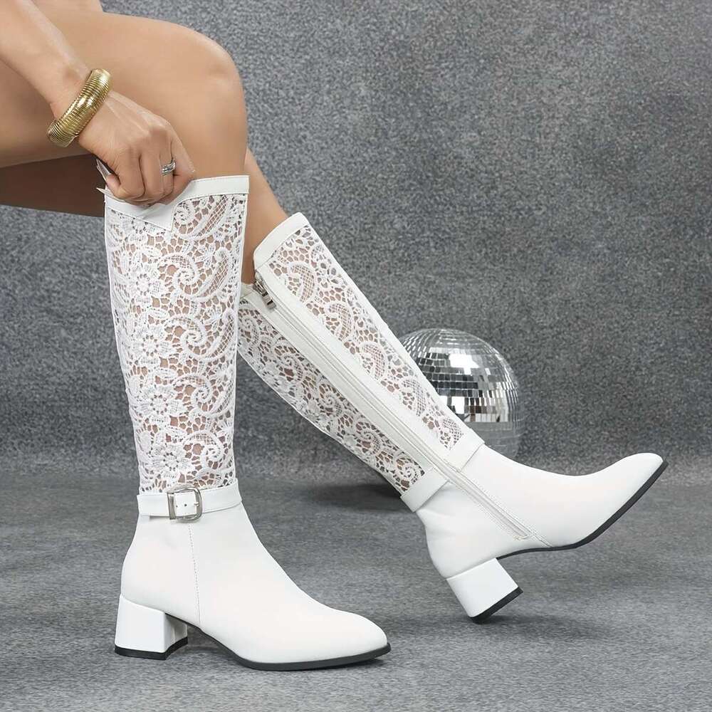 Women's Elegant White Lace-Up With Side Zipper - Chunky Heel, Pointed Toe, Faux Cover Fabric Upper, Comfortable For Fall & Winter, Stylish Indoor