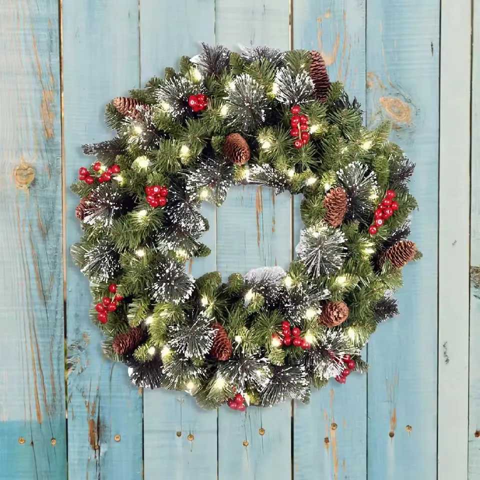 2060cm LED Christmas Pinecone Wreath with Red Berries Artificial Xmas Wreath New Year Party DIY Decoration Add Christmas Vibe C251030