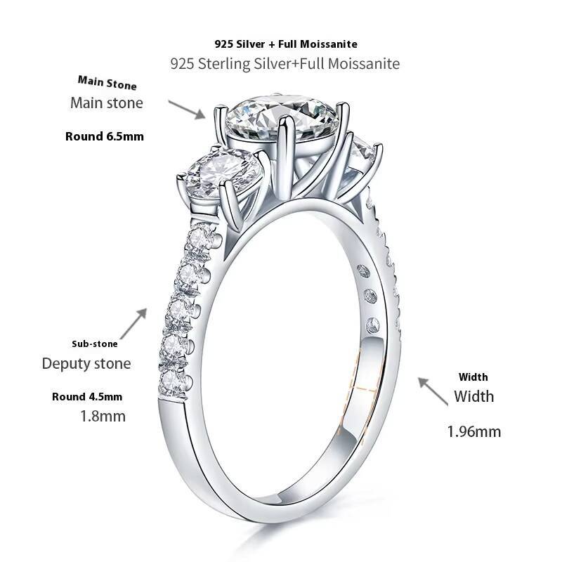 Fine Jewelry Luxury Three Stone Design Ring S925 Sterling Silver 65MM Full Moissanite Ring for Female Wedding