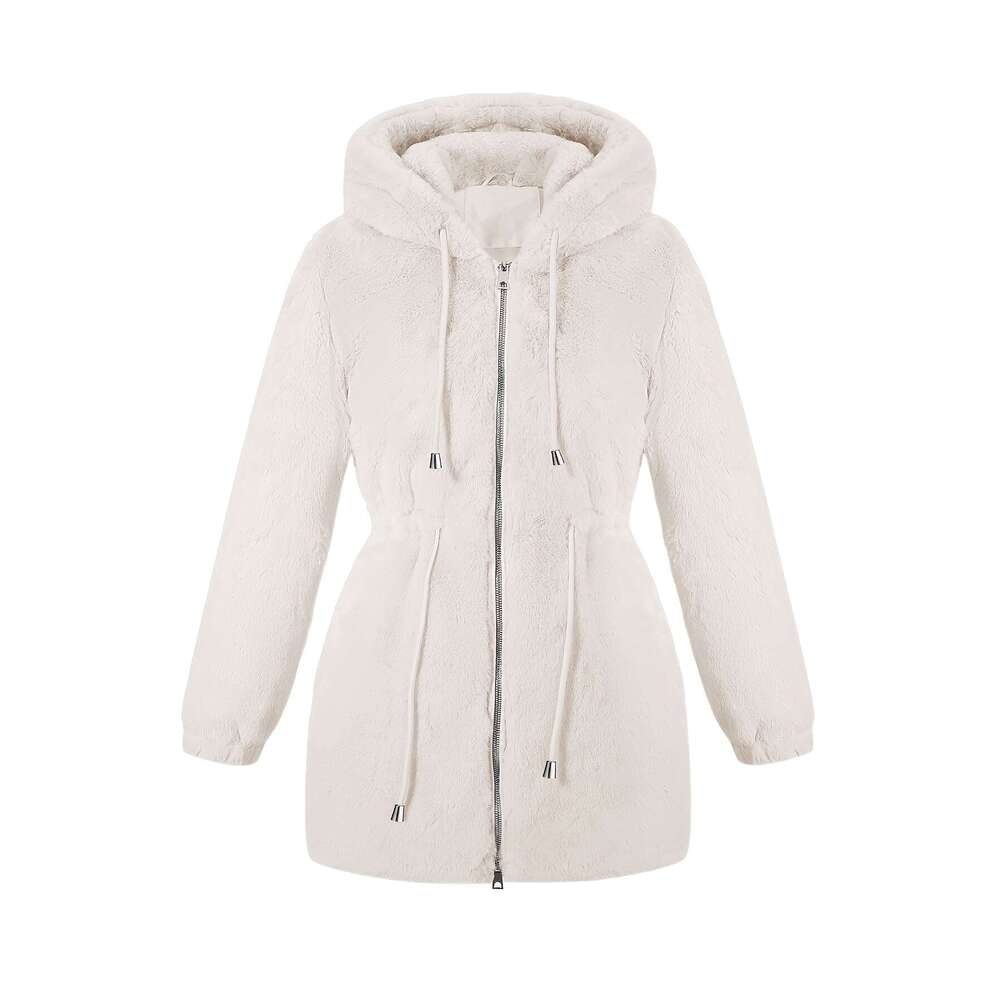 Women S Elegant Cream Faux Fur Hooded Jacket Casual Fall Winter Outerwear With Drawstring Waist And Zipper Pockets