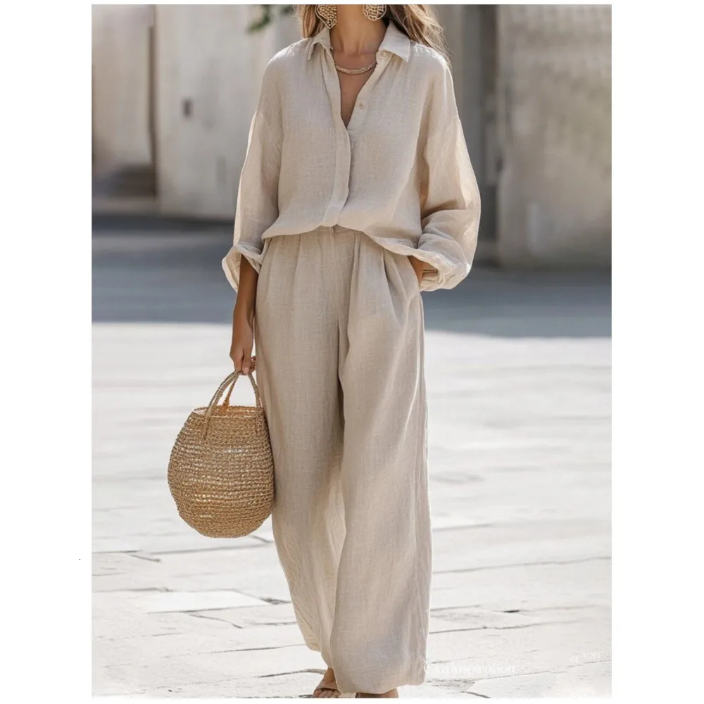 Casual Lapel Longsleeved Shirt Womens Trousers 2piece Set Autumn Fashion Loose Pocket Wideleg Trousers Female Suit 251029