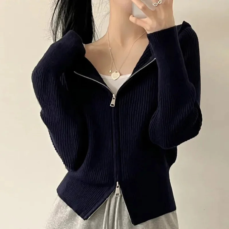 Ladies Thickened Knitted Hooded Open Cardigan Sweater Winter Autumn Style Zipper n Unique Collar Sweater Female Fashion 251029