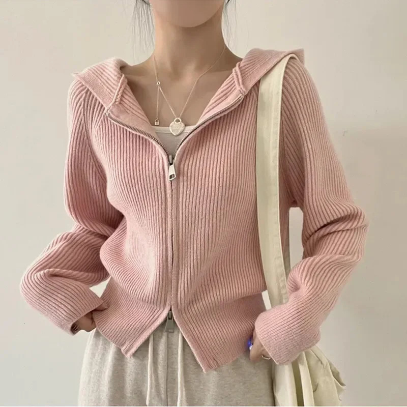 Ladies Thickened Knitted Hooded Open Cardigan Sweater Winter Autumn Style Zipper n Unique Collar Sweater Female Fashion 251029