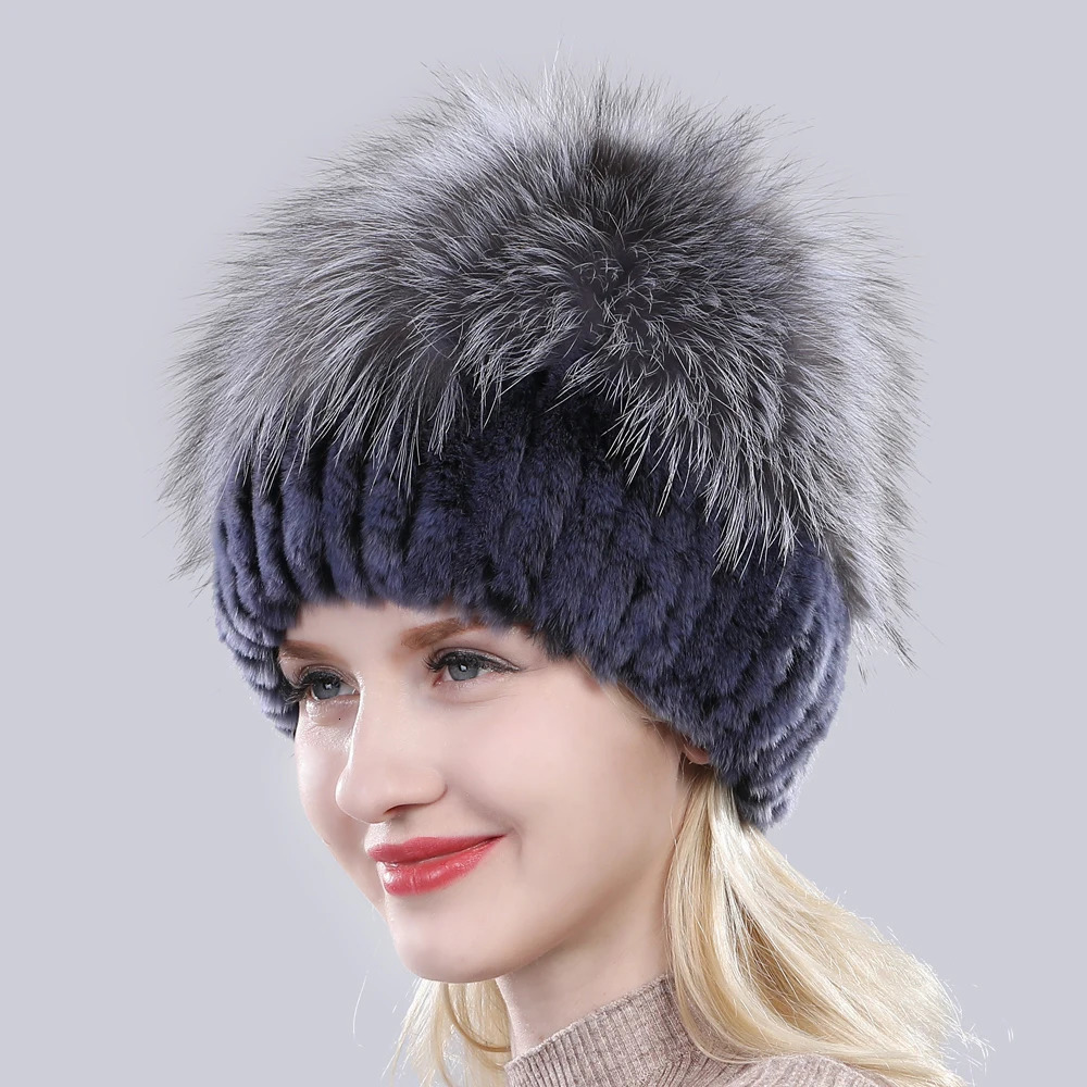 Good Elastic Natural Fluffy Silver Fox Fur Hat Winter Women Knitted Real Rex Rabbit Fur Hats Lady Real Fur Cap Wholesale 251028