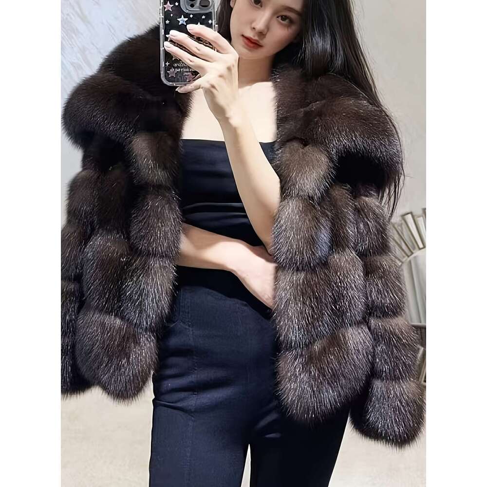 Women S Coat Like Fake Fur Coat Elegant Brown Loose H Silhouette Non Stretchy Outer Chic Cold Weather Jacket For Parties Formal Events Everyday Outfit