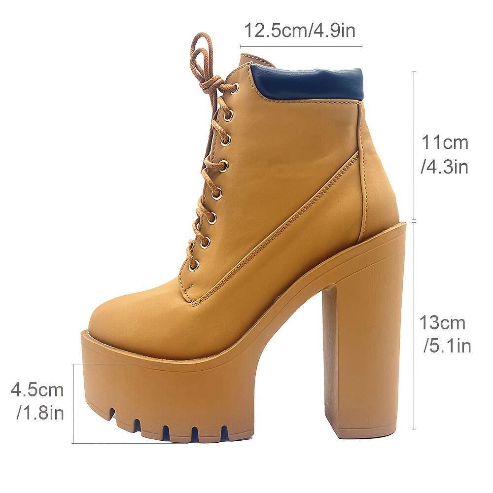 Women's Chunky Heeled Short Boots, Round Toe Lace Up High Heels, Solid Color Platform Shoes