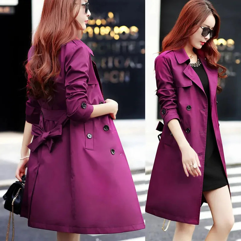 Purple Windbreaker Women MidLong Trench Coat 2025 Spring Korean Slim Waist British Casual Autumn Coat With Belt Outwear Top 251030