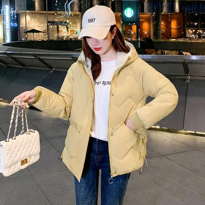 Female Hooded Warm Jacket Loose Down Cotton 2025 Winter Parka Korean Thickened Short Padded Green 251015