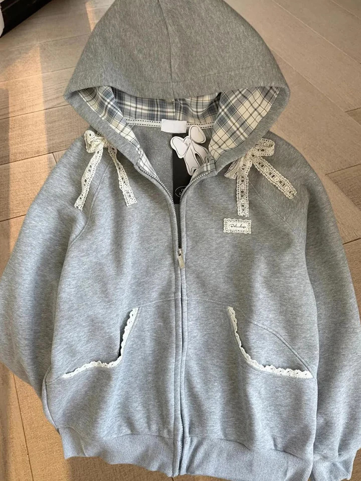 Zoki Lace Patchwork Hoodies Women Cute Bow Long Sleeve Sweatshirt Japan Preppy Style Sweet Loose Long Sleeve Female Gray Outwear 251030