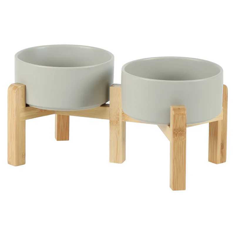 Big Dogs Bowl Double Ceramic Elevated Pet Food Water Feeders Small Medium Large Dog Feeding Supplies with Wooden Stand J251113