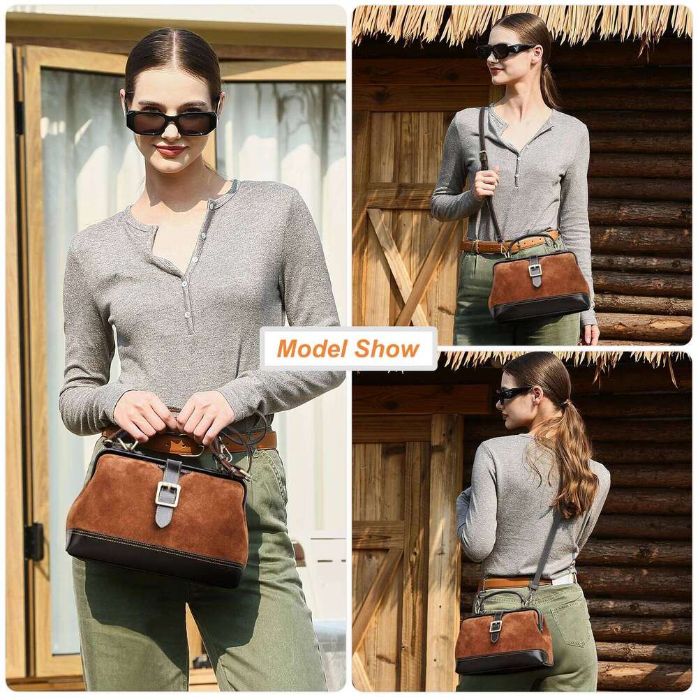 Contact's Genuine Suede Leather Handbag For Women Sling Shoulder Metal Frame Crossbody Bag Tote Doctor Bags Office Ladies