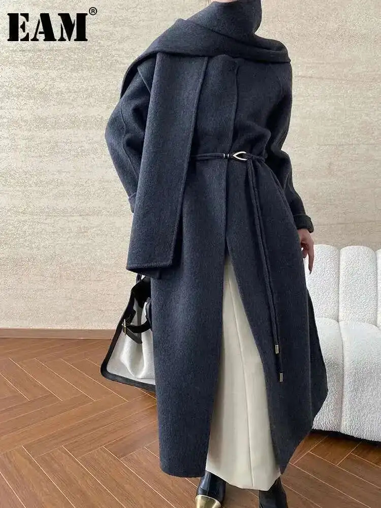 EAM Gray With Scarf Big Size Long Woolen Coat Oneck Sleeve Women Jacket Fashion Autumn Winter 2025 1DH7777 251010