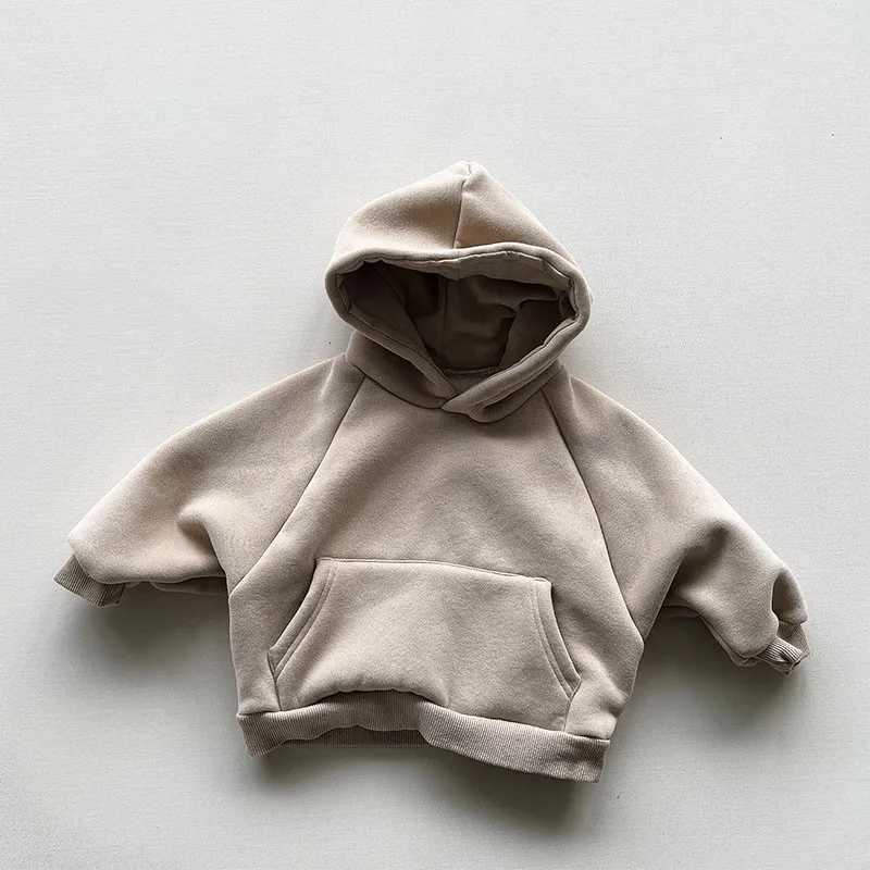 Baby Boys Casual Loose Pocket Allmatch Hooded Top Girls Simple Thick Pullover Cotton Clothes Winter Fleece Solid HoodiesT251030