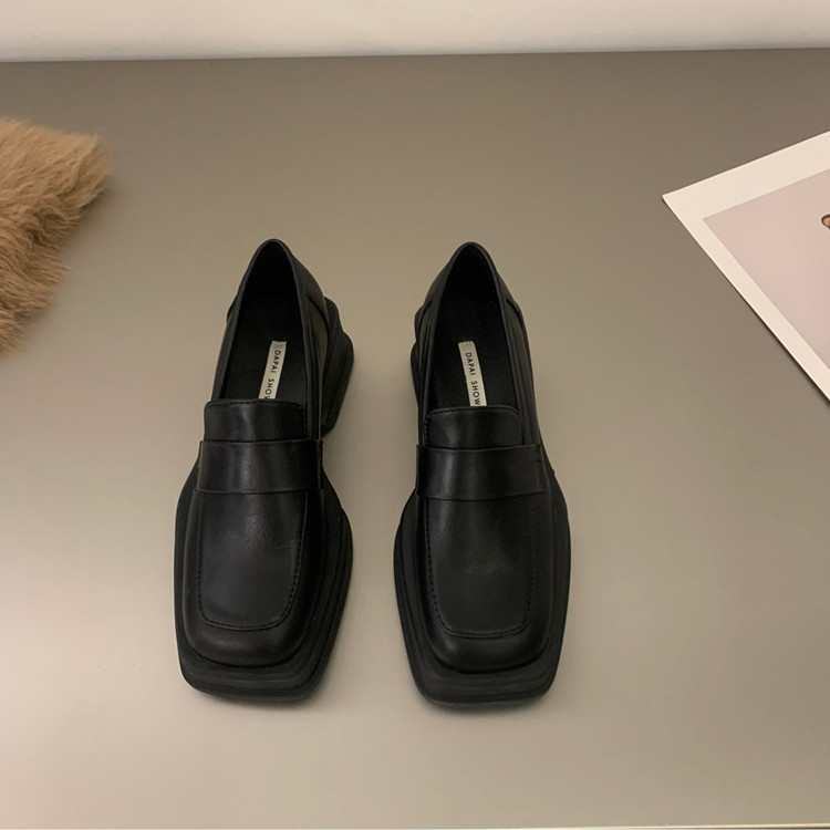 Thick-soled spring and autumn black single shoes women's shoes square-toed loafers British-style small leather shoes comfortable2025