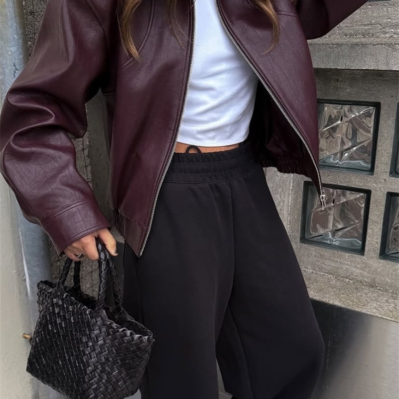 Fashion Lapel Short Leather Coat Women Retro Solid Zipper Simple Long Sleeve Jackets Female Autumn Fashion Casual Street Jacket 251029