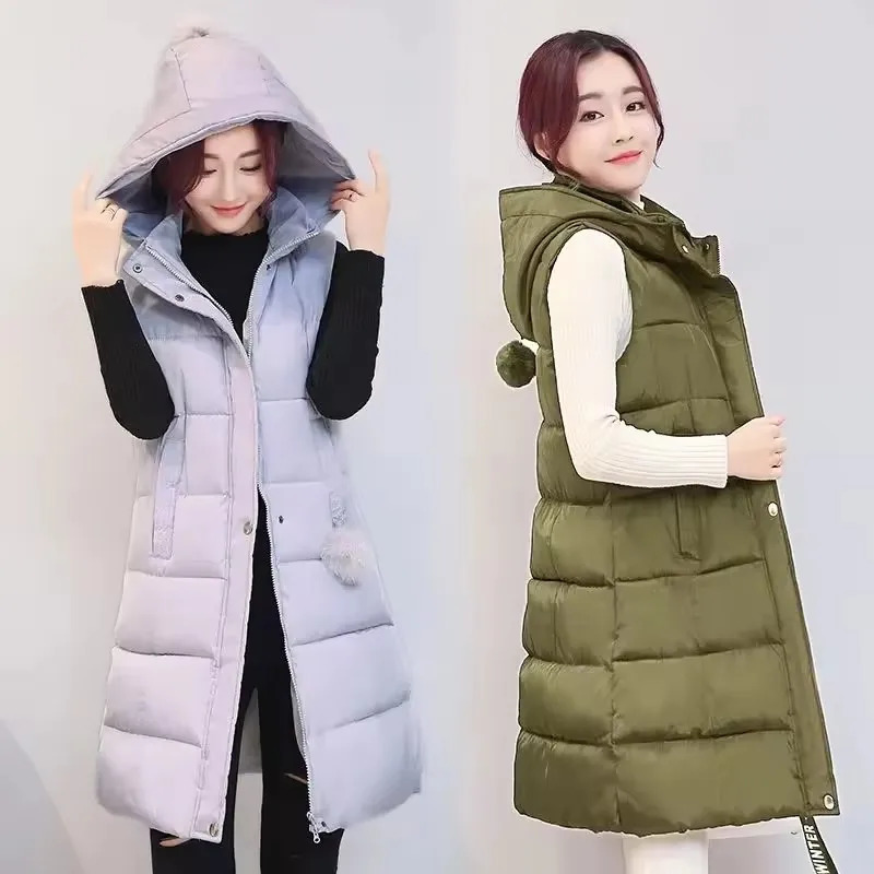 2025 Midlength Down Cotton Vest Coat Womens Autumn Winter Solid Hooded Casual Zipper Waistcoat Female Sleeveless Parkas 251024