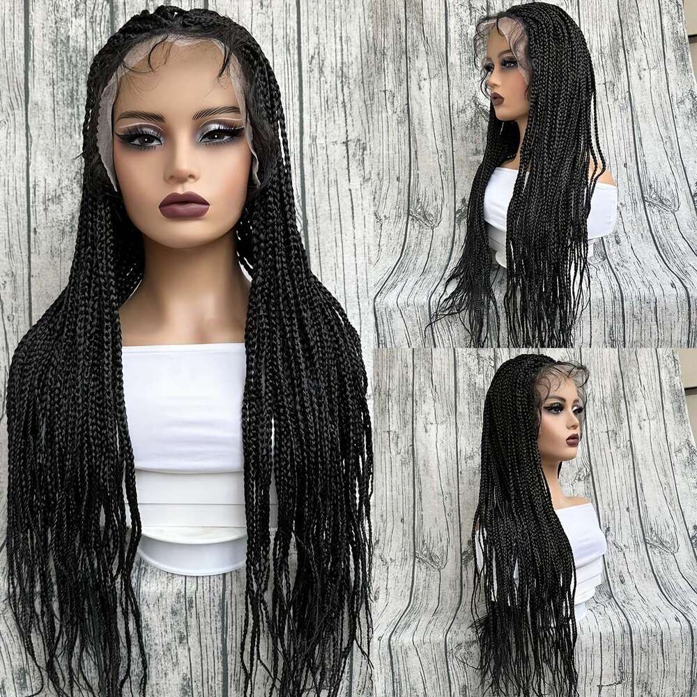 34 Inch Black Synthetic Full Braided - Knotless Box Braids With Double Lace Front, Hair & Cornrows-Like Texture | 100% Density Dreadlock-Style Wig For