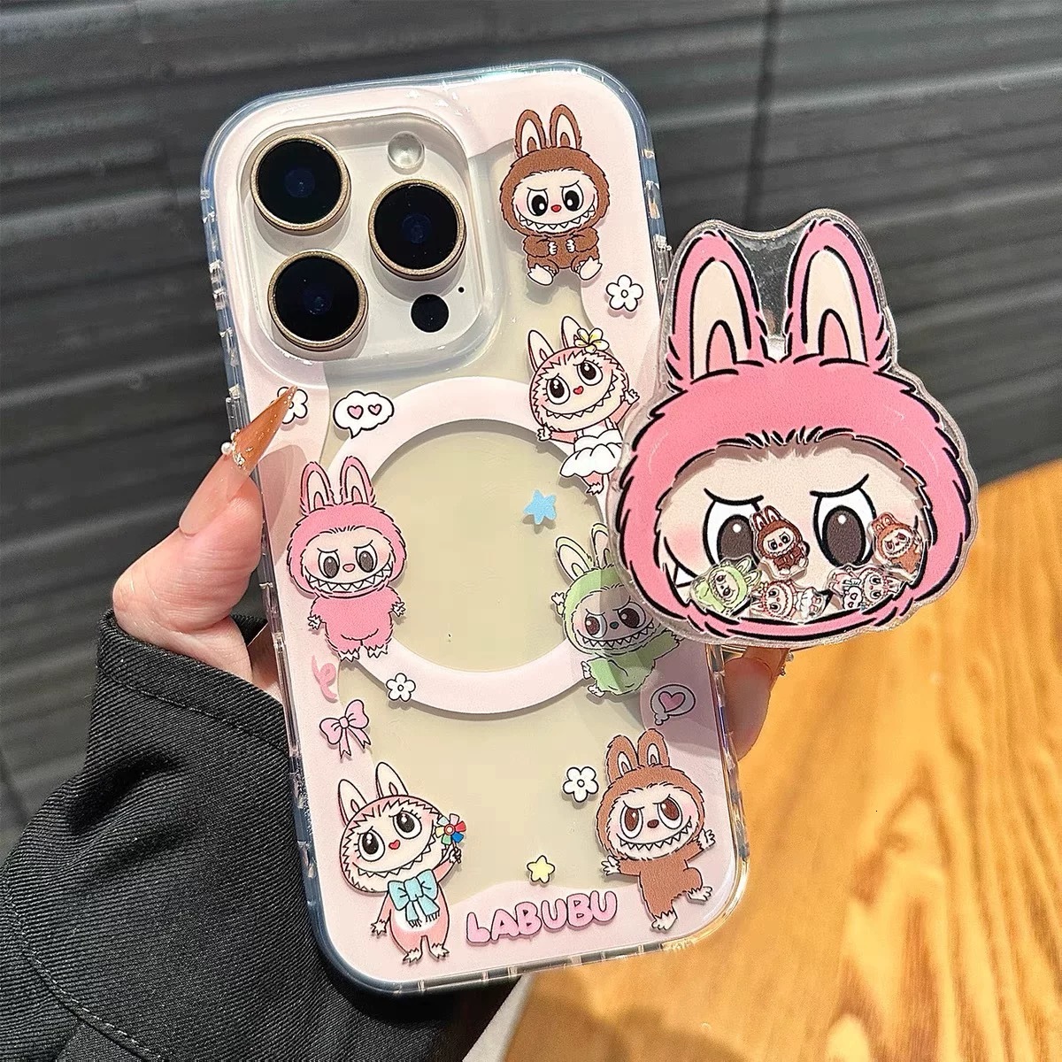 ddmythur Pink Labubu Plush Doll Magnetic Attachment Compatible with Apple 16 Pro Max Phone Case 15 Plus 14 Soft 13/11/12