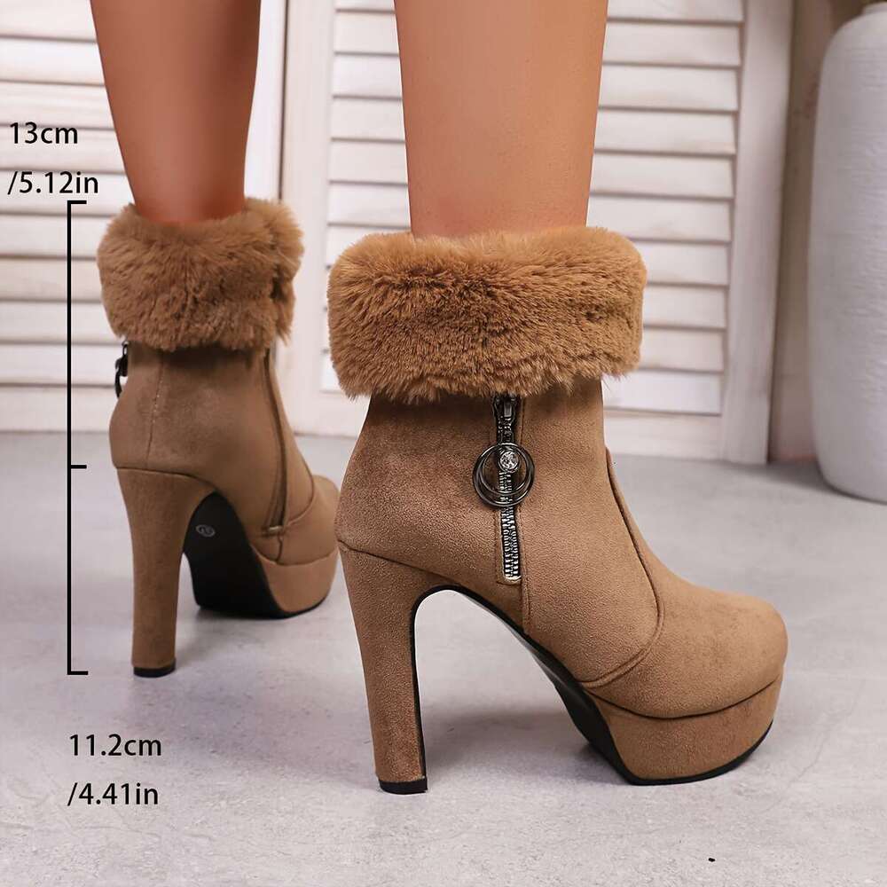 Women's Winter Sexy Chunky Platform Heels, Thick Non-Slip Rubber Sole, Side Zipper Closure, Warm Brown Boots For Parties, Everyday & Formal Event