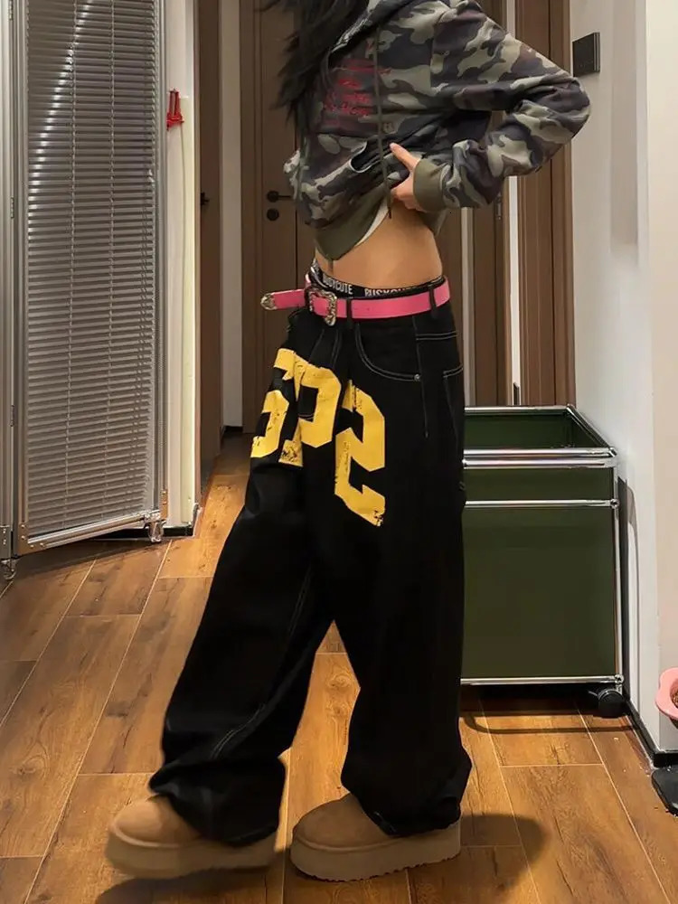Letter Printed Baggy Jeans Women Clothing Street Fashion Hip Hop Retro High Waisted Jeans Woman Casual Wide Leg Jeans Y2k Pants 251029