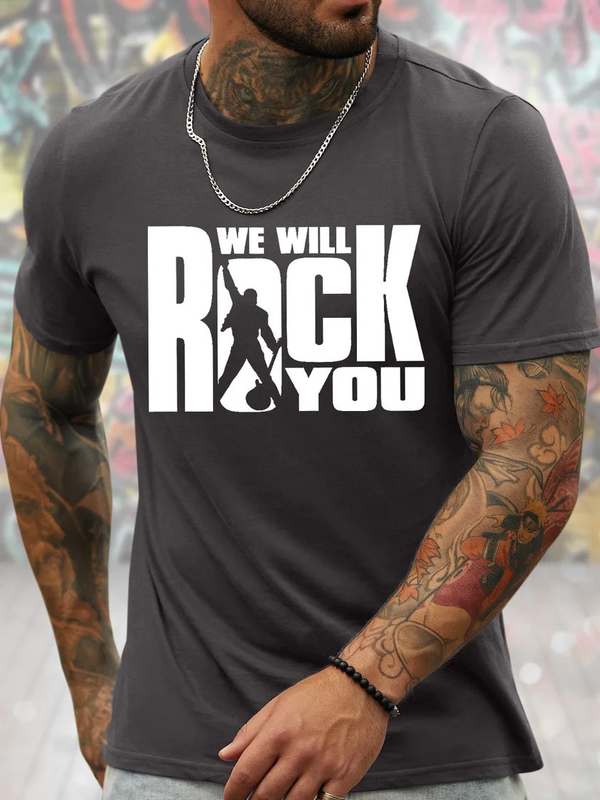 European & American Oversized Men's Rock-Inspired Graphic Print Loose-Fit Casual Cotton Letter T-Shirt - TT7380