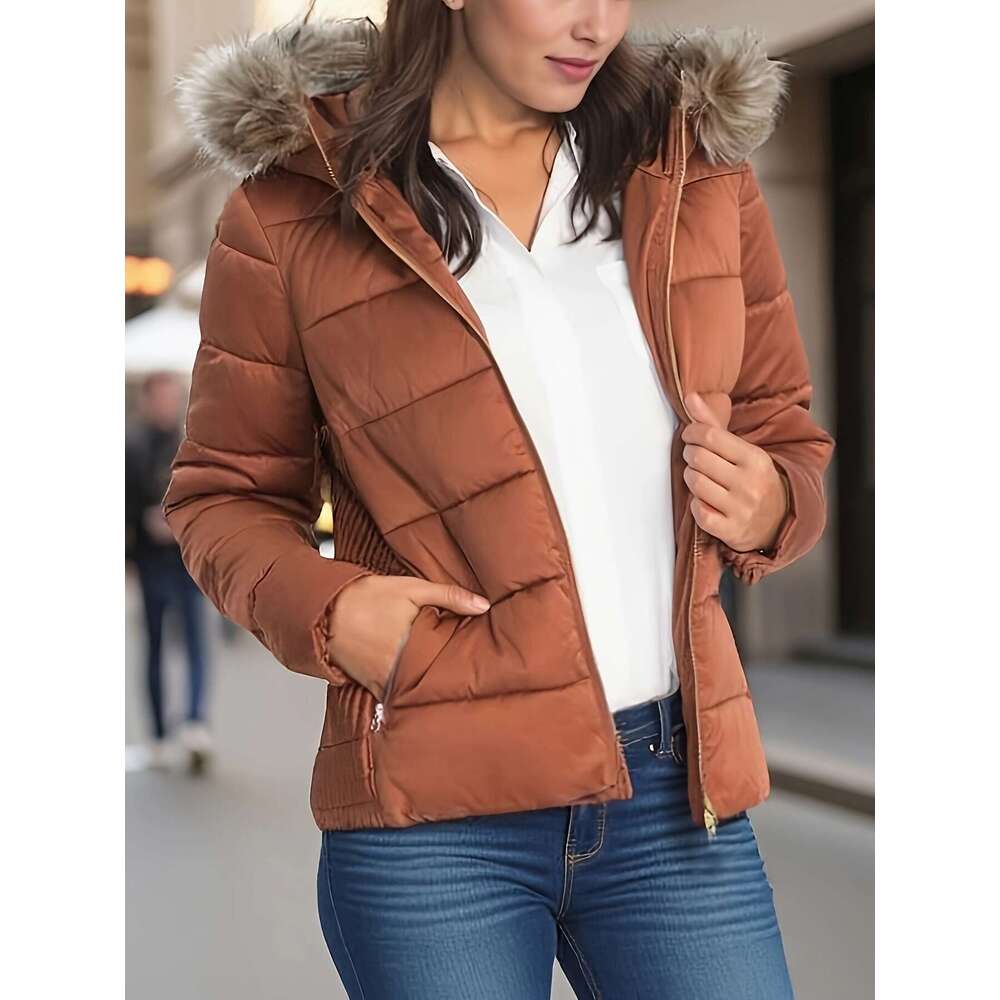 Women S Lightweight Quilted Hooded Jacket With Detachable Faux Fur Hood Golden Metal Zipper Side Gathers Hine Washable Regular Fit Coat For Fall Winte