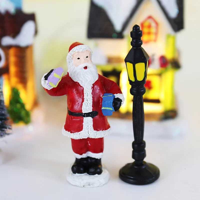 LED Resin Christmas Village Ornaments Set Figurines Decoration Santa Claus Pine Needles Snow View House Holiday Gift Home Decor C251030