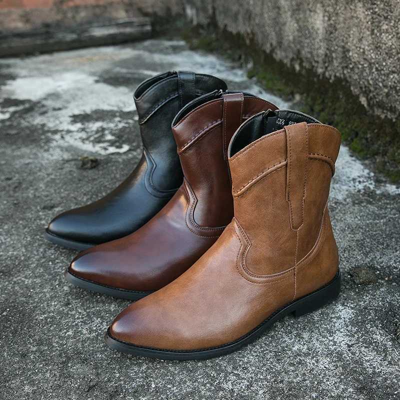 High Quality Casual Leather Boots Men Trend Western Cowboy Boots Shoes Male Outdoor High Top British Mens Boots Comfortable Z251029