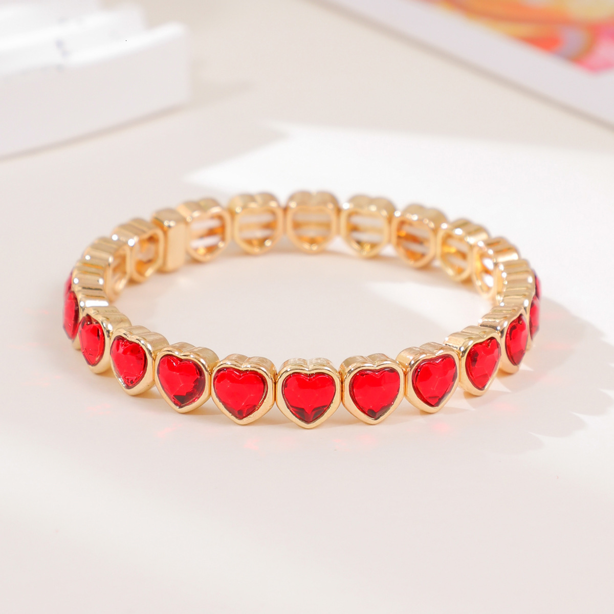 Gold Color Love Bangle For Women Rhinestone Peach Elastic Bangle 250626