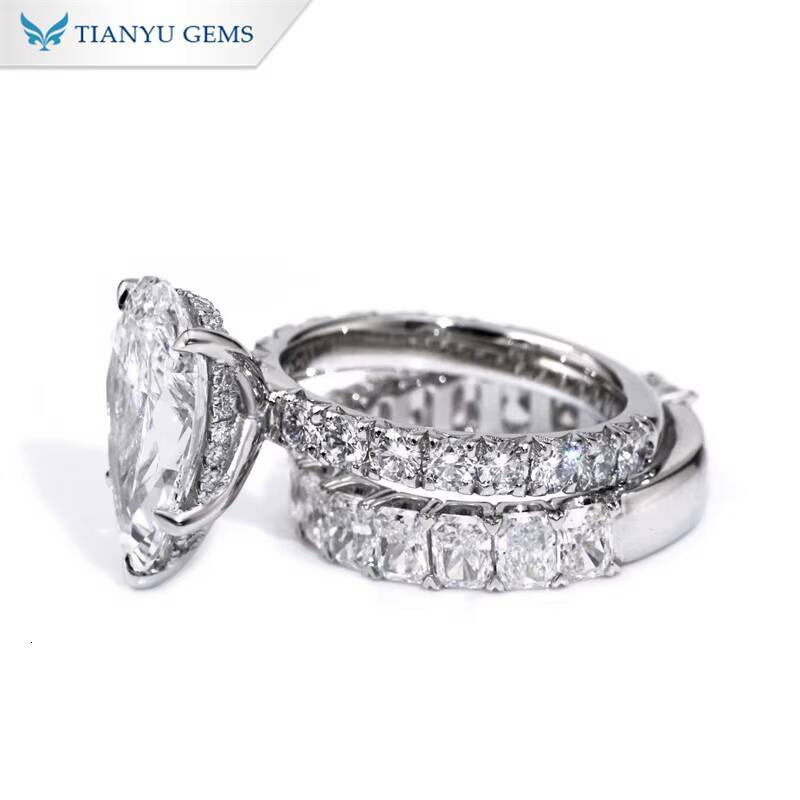 Tianyu 15x9mm Pear Cut Lab Grown Moissanite Diamond 14K 18K 10K Solid Gold Platinum Engagement Wedding Band Ring Sets