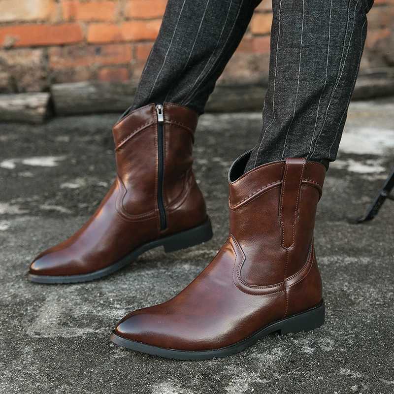 High Quality Casual Leather Boots Men Trend Western Cowboy Boots Shoes Male Outdoor High Top British Mens Boots Comfortable Z251029