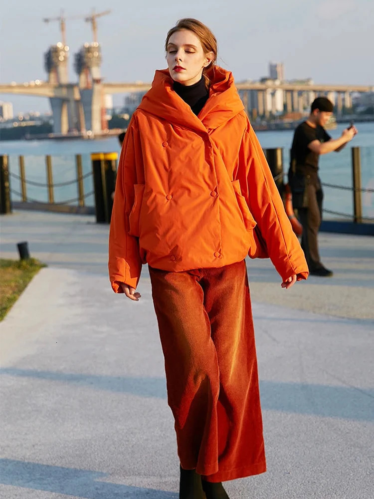 Winter Hooded Long Sleeve Warm Coats Parkas Fashion Loose Fluffy Orange Red Oversized Down Jacket 251027