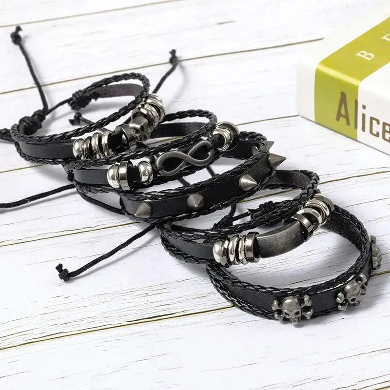 5pcs Metal Diy Braided Punk Style Bracelet Set Featuring Pu Leather And Beads 251028