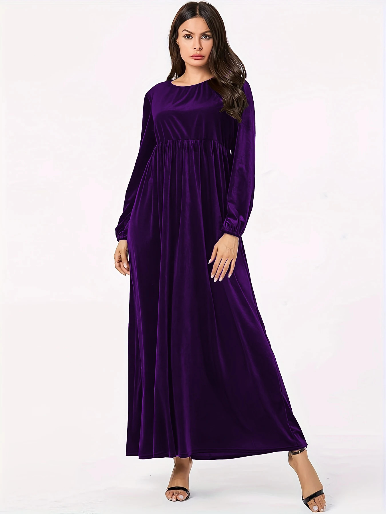 Womens autumn and winter dress velvet round neck casual solid color lantern long sleeves wide hem 251027